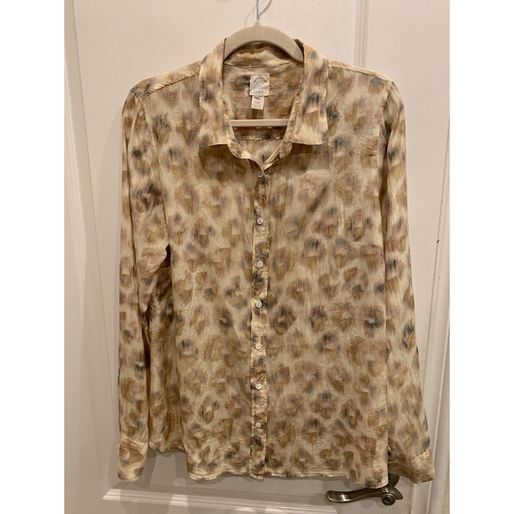 J Crew Women Tan/Cream with Circles 43% Silk Blouse Button Up The Perfect Shirt